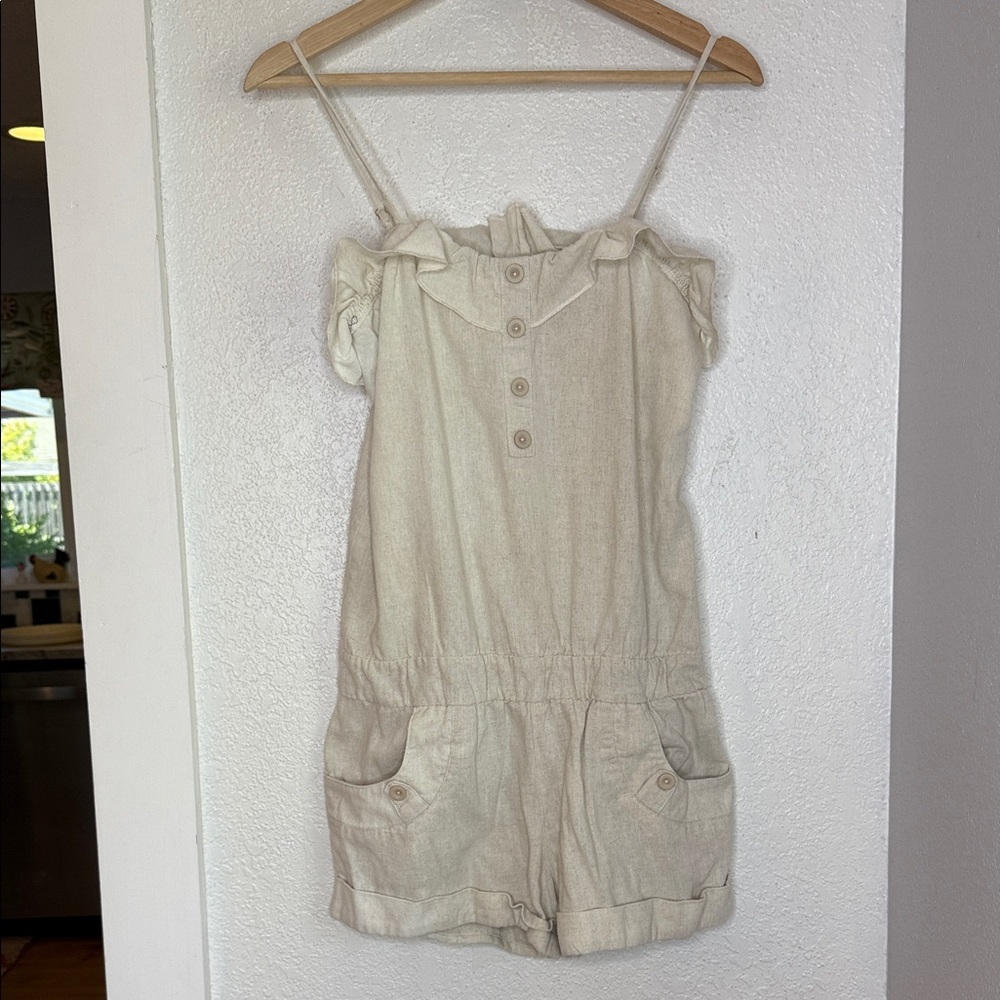 Rhapsody Linen Cotton Romper Pockets size Med Beige Ruffle Button Cottagecore